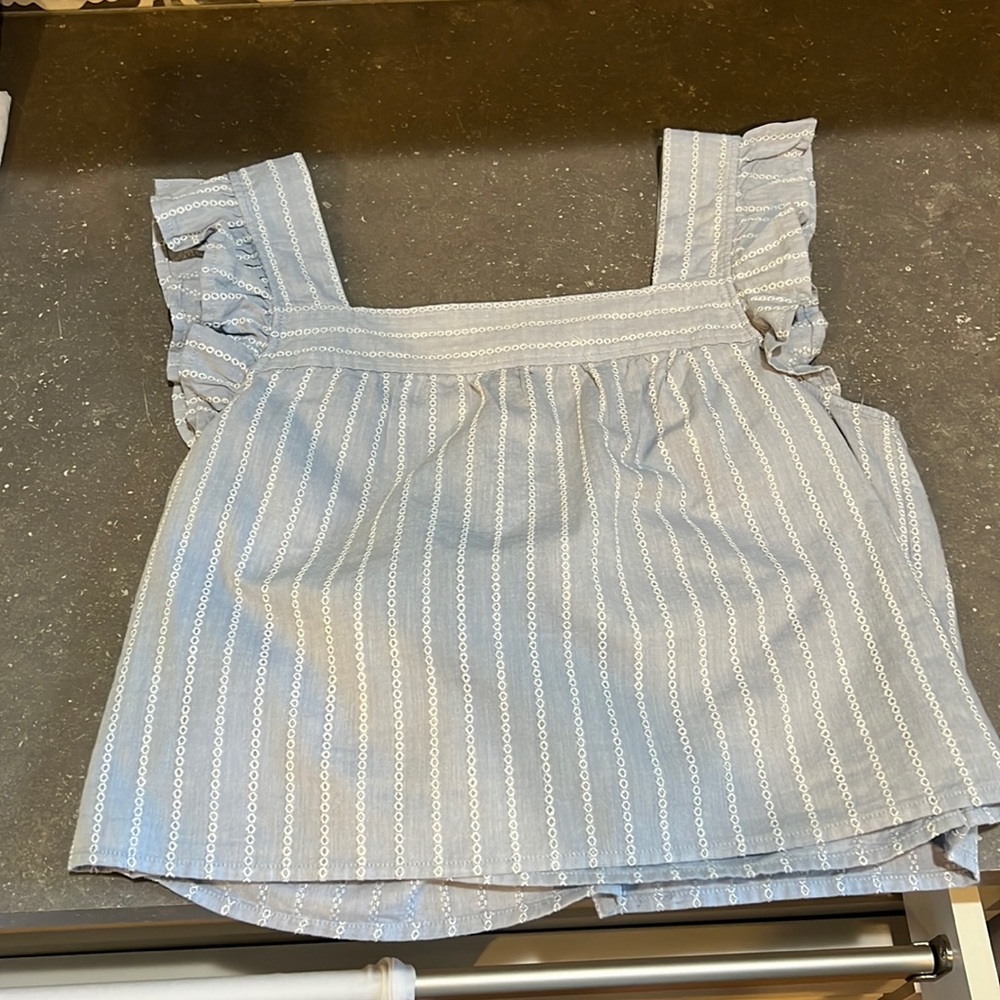 Madewell blue tank w/ back detail.